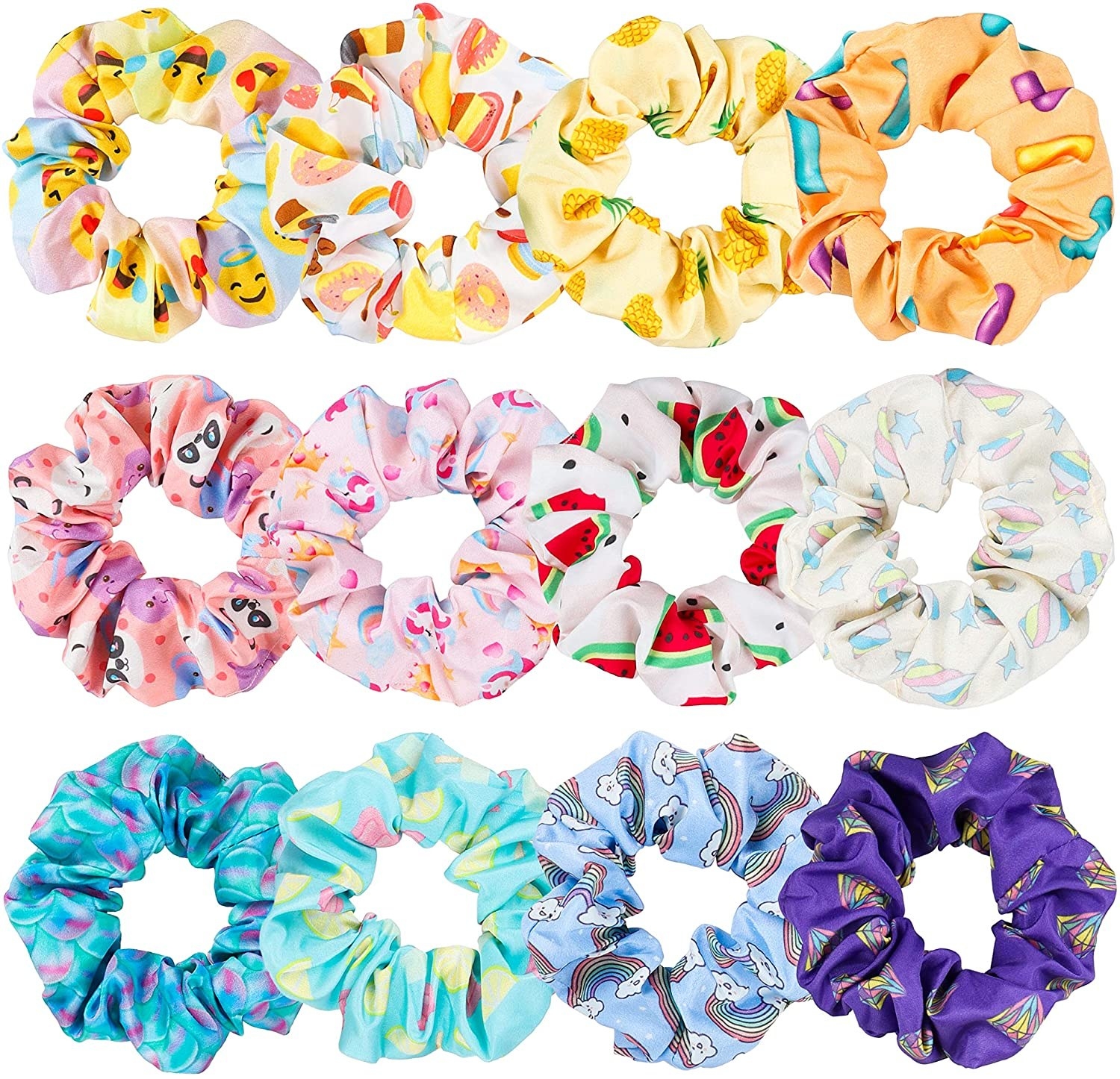 The twelve scrunchies laid out to show their patterns