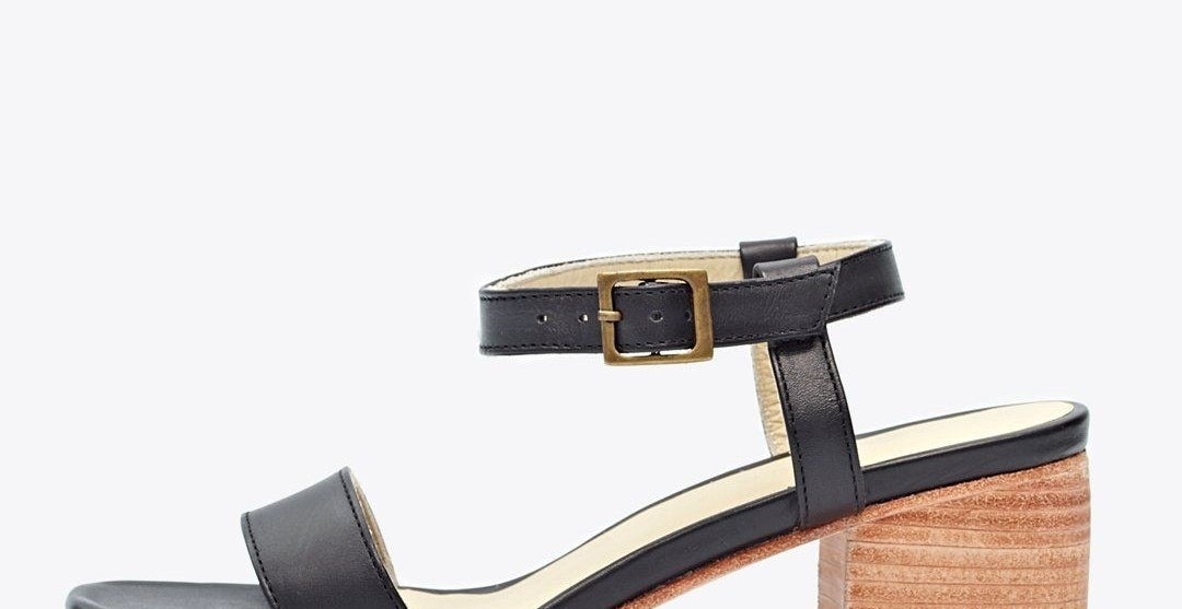 Black ankle-strap, stacked wooden heel sandals