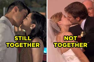 On the left, Henry Golding and Constance Wu share kiss as Nick and Rachel in "Crazy Rich Asians" with "still together" typed under their faces, and on the right,  Jim and Pam from "The Office" kiss on their wedding day with "not together" typed underneath