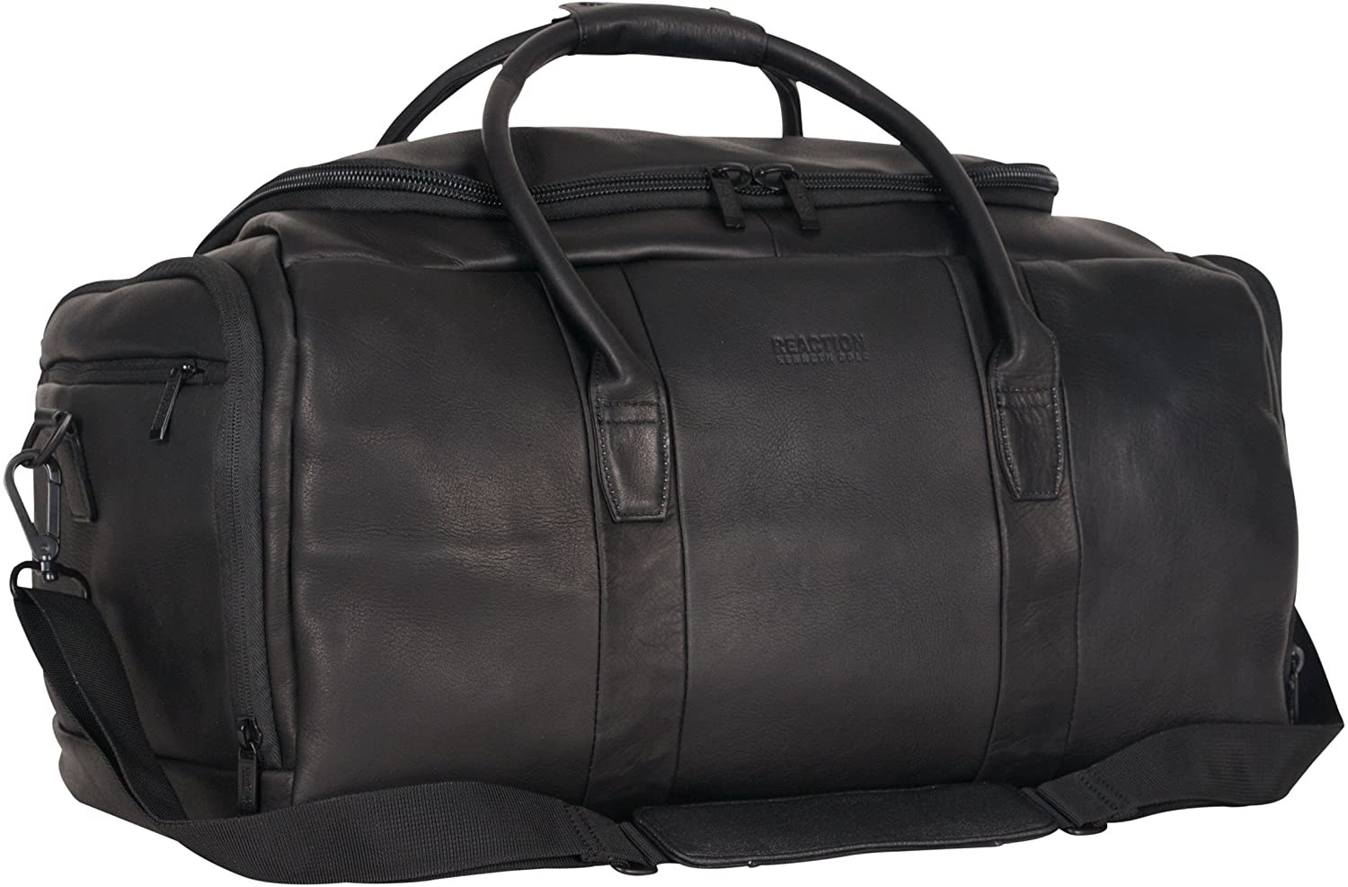 A large leather duffel bag with many pockets is shown against a plain background