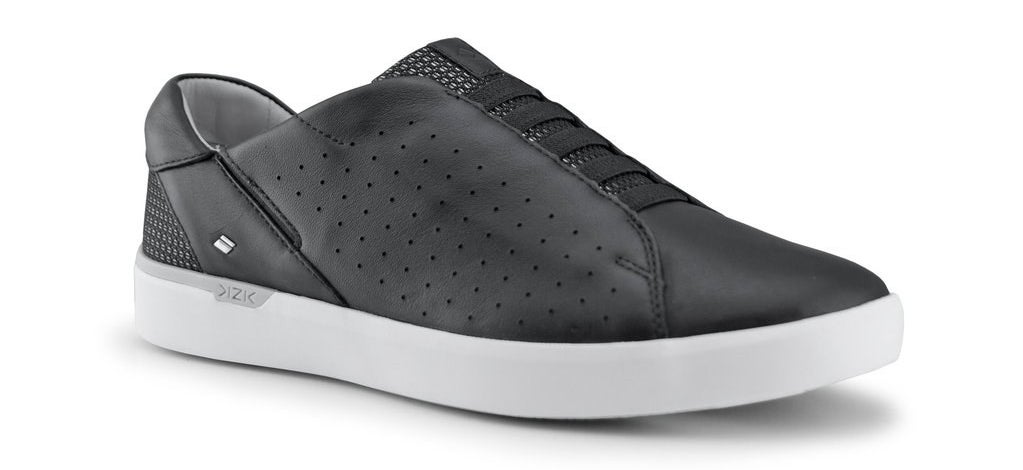 The slip-on shoes with perforated leather and elastic across the top in black