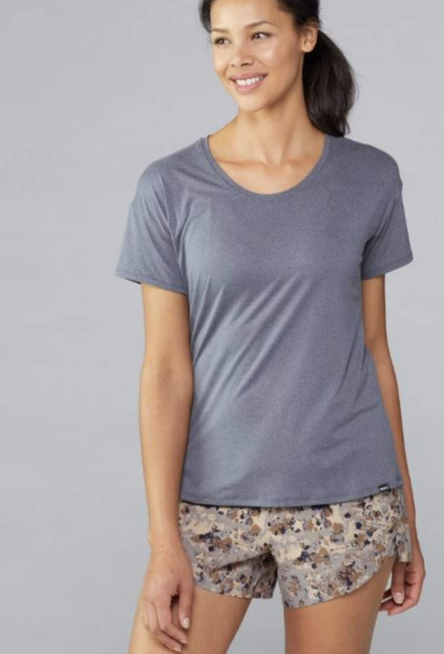 model in greyish blue round-neck tee