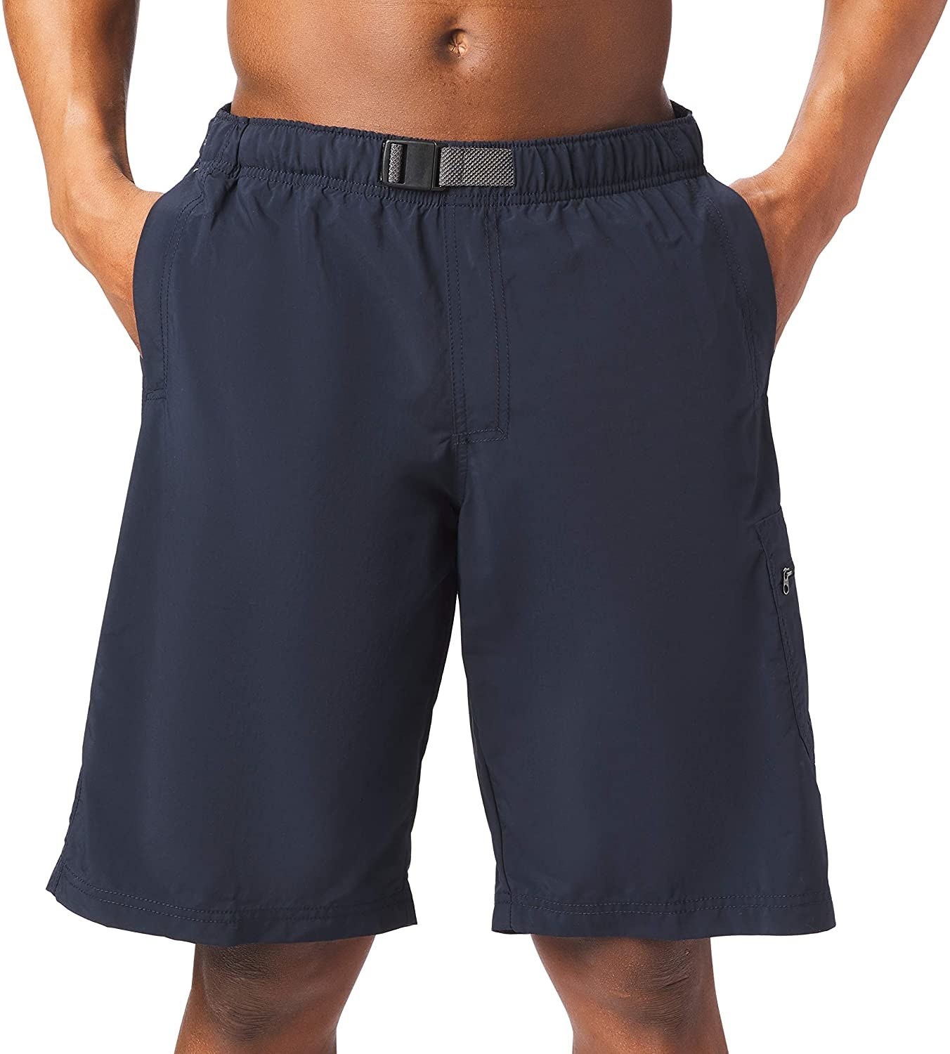 model in navy knee-length shorts with an elastic, adjustable waist