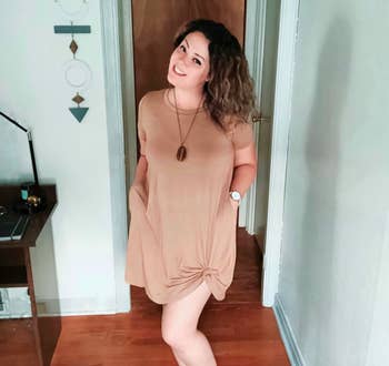 A customer review photo of the T-shirt dress in coffee