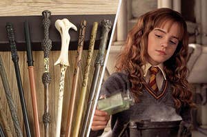 Hermione Granger making a potion next to an assortment of wands