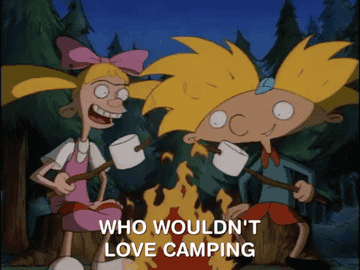 gif of helga and arnold from &quot;hey arnold&quot; roasting marshmallows over a fire and saying &quot;who wouldn&#x27;t love camping on a night like this?&quot;