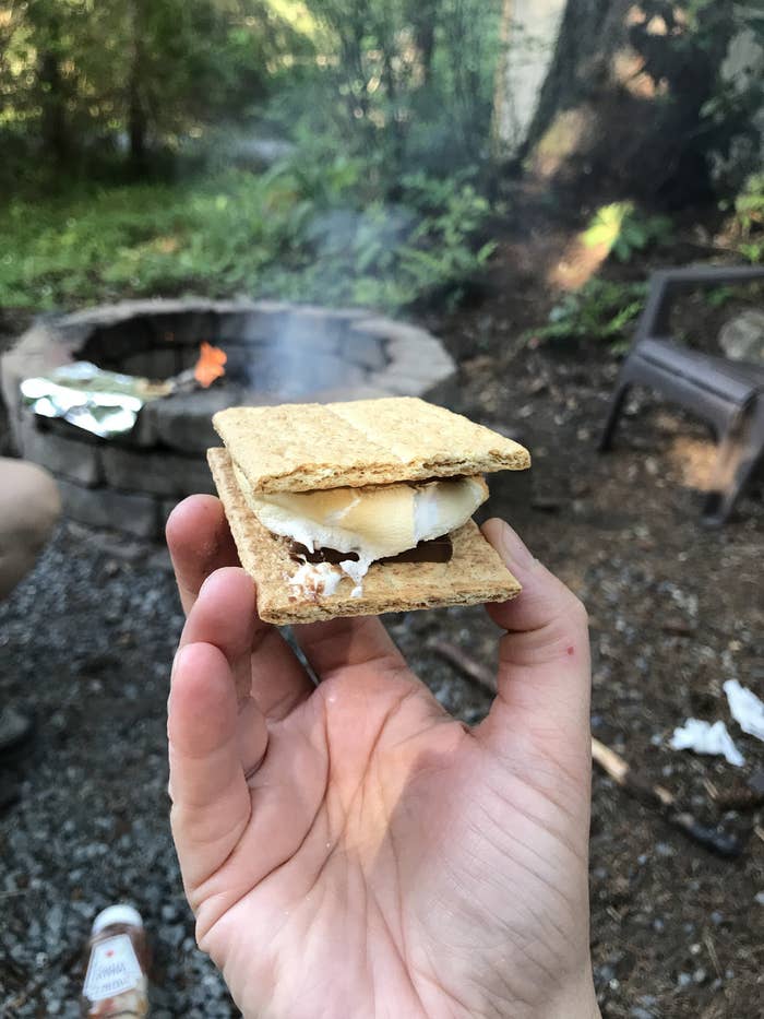 Someone holding a s&#x27;more — a toasted marshmallow and a piece of chocolate sandwiched between two crackers — in front of a campfire