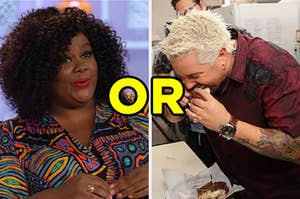 On the left, Nicole Byer wears a patterned shirt and has an amused expression on her face in an episode of "Nailed It!" and on the right, Guy Fieri takes a bite of a sandwich on an episode of "Diners, Drive-Ins and Dives"