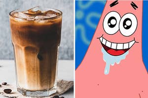 Patrick Star staring longingly at an iced coffee
