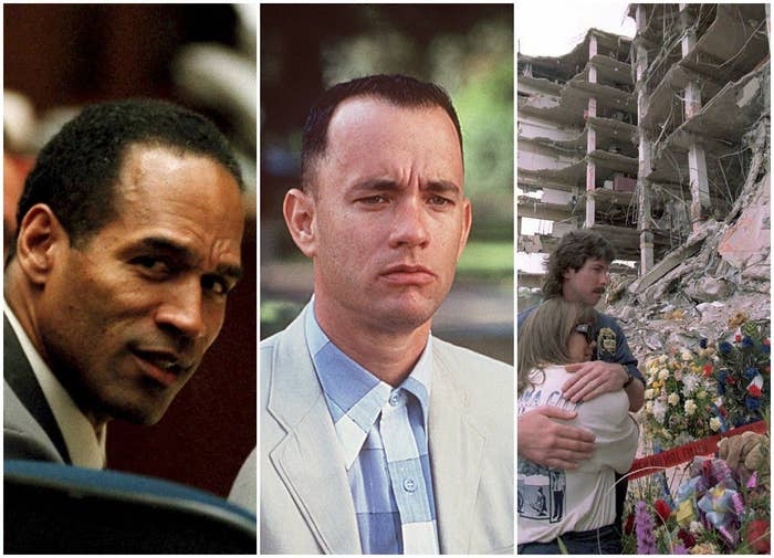 Three images side-by-side of O.J. Simpson at his murder trial, Forrest Gump, and the Oklahoma City bombing