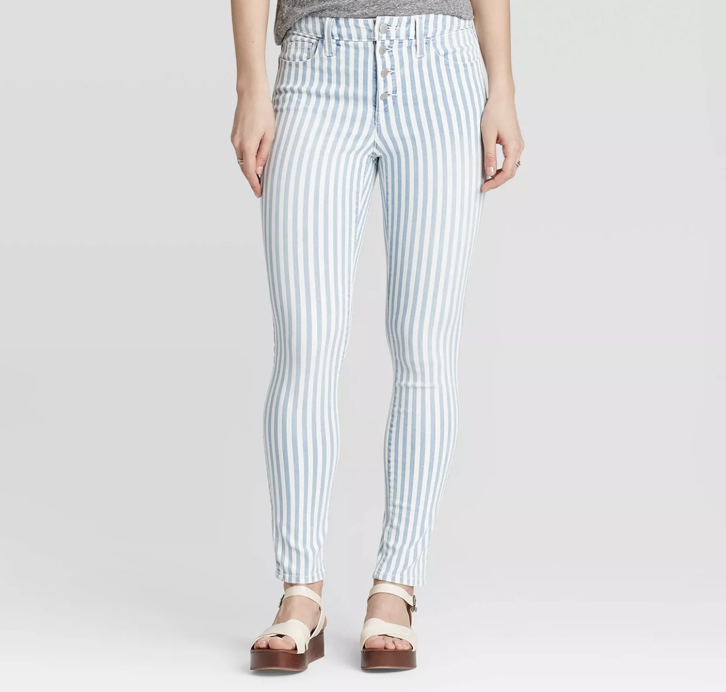 The blue and white vertical-striped pants 