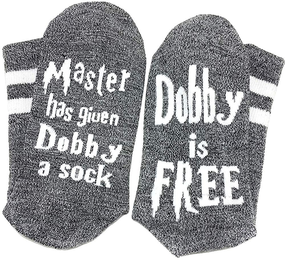 A pair of gray socks that read, &quot;Master has given Dobby a sock&quot; on the right sock and &quot;Dobby is FREE&quot; on the left. 