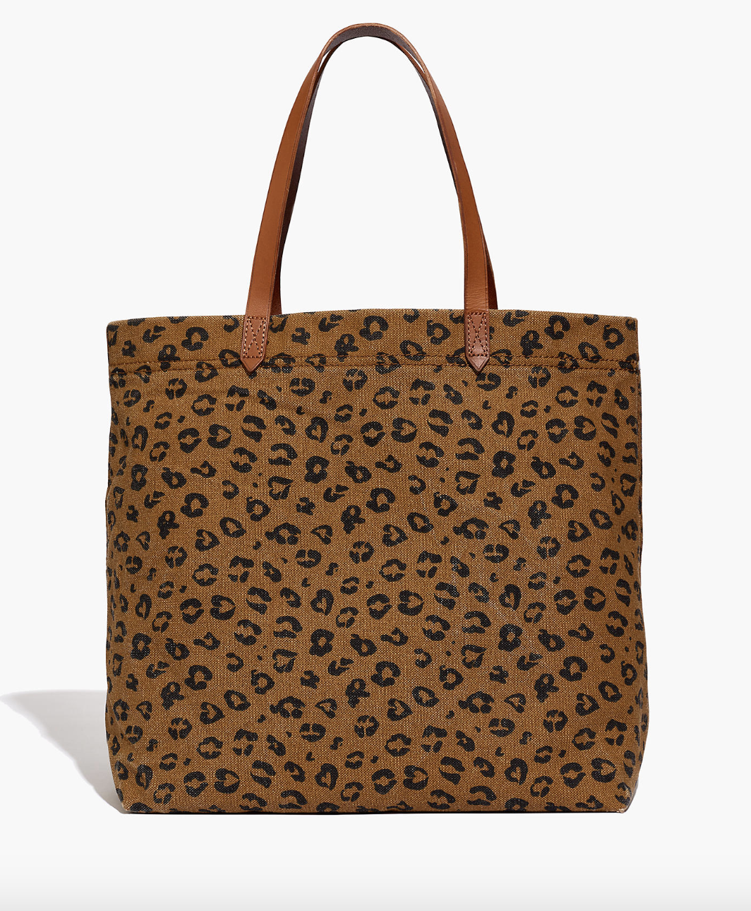 A cheetah print canvas tote bag with leather straps 