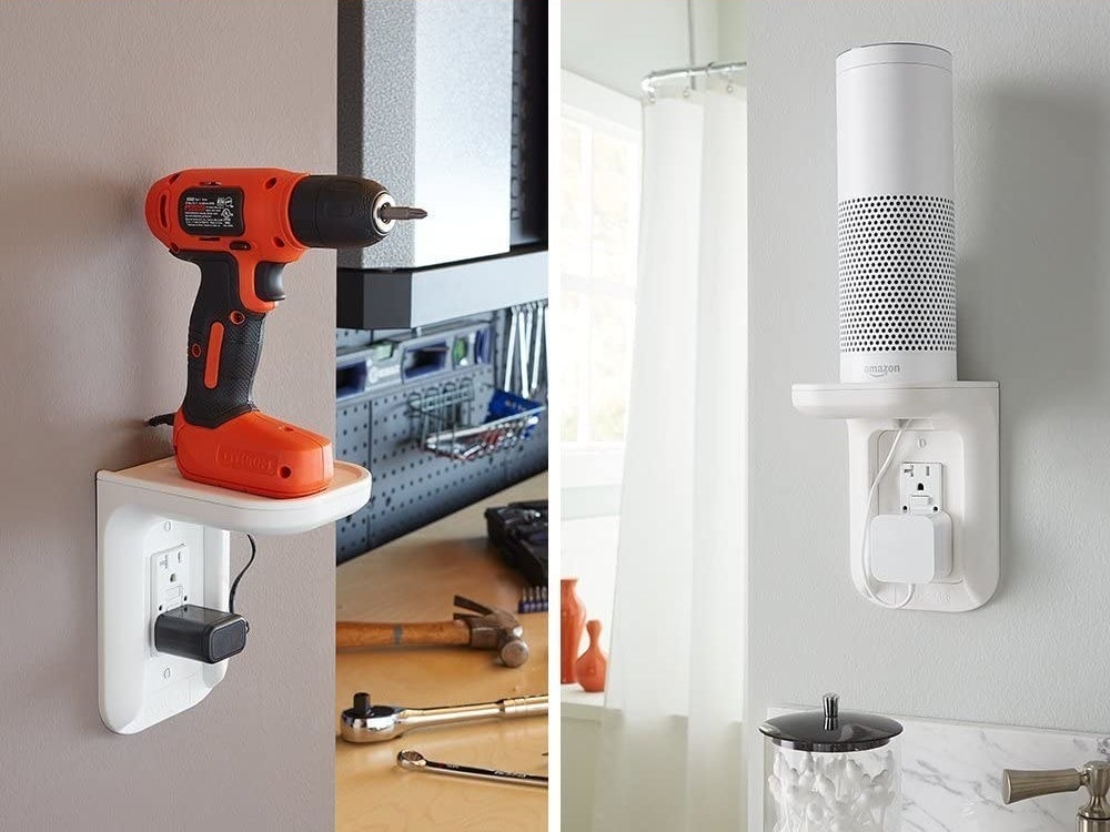 A drill and speaker on outlet shelves