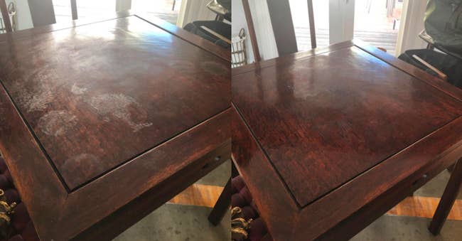 A before and after customer review photo of their dining table with and without watermarks. 