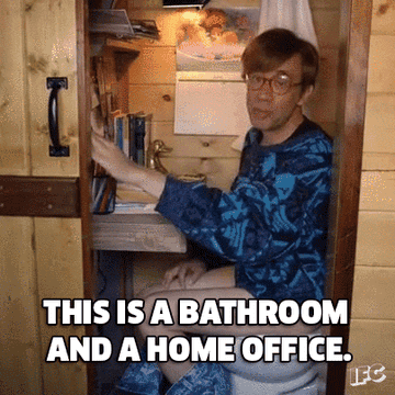 Fred Armisen on &quot;Portlandia&quot; sitting on a toilet in front of a little desk and saying &quot;This is a bathroom and a home office.&quot;