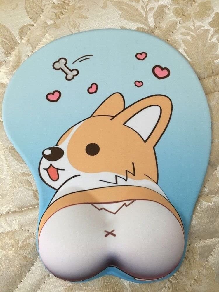 A soft mouse pad with a picture of a corgi It has a cushioned wrist rest near the bottom