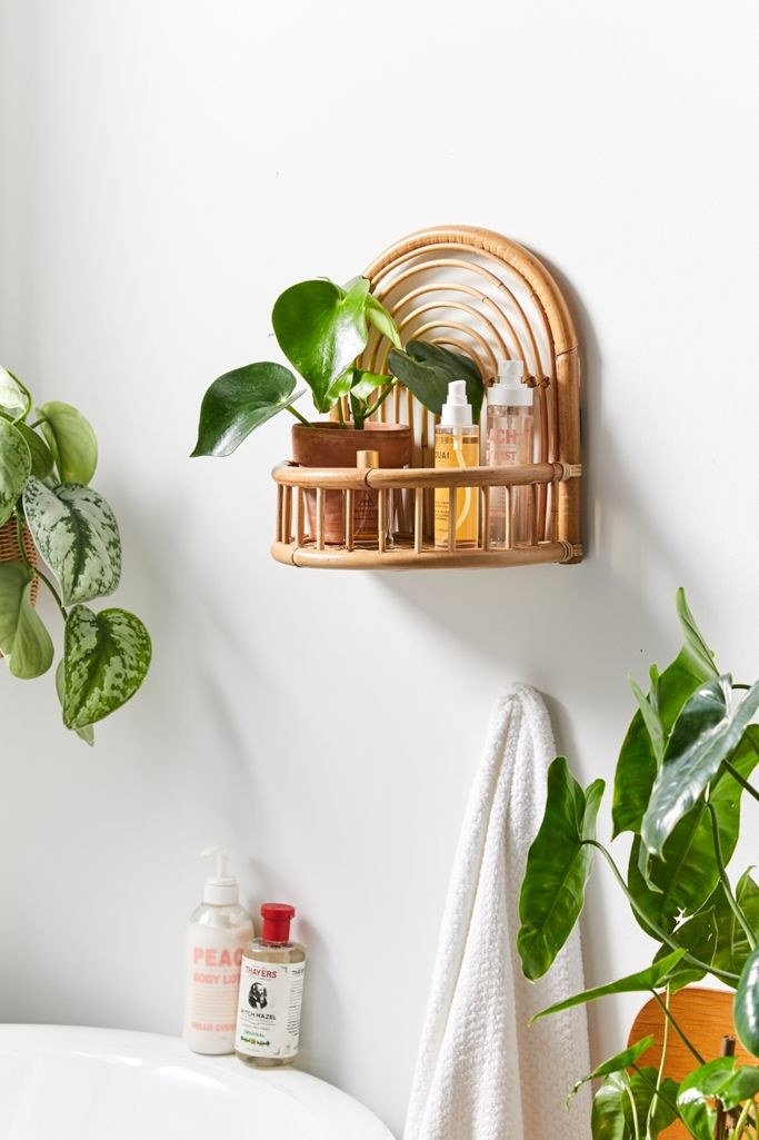A product shot of the arched wall shelf holding a potted plant and two bottles of skincare