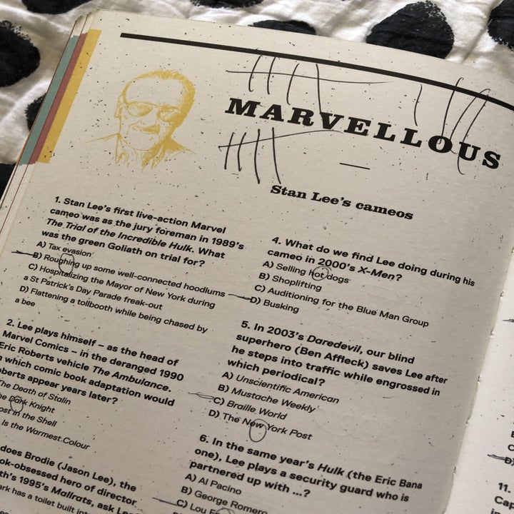 One of the inside pages, with questions about Stan Lee's cameos in Marvel films
