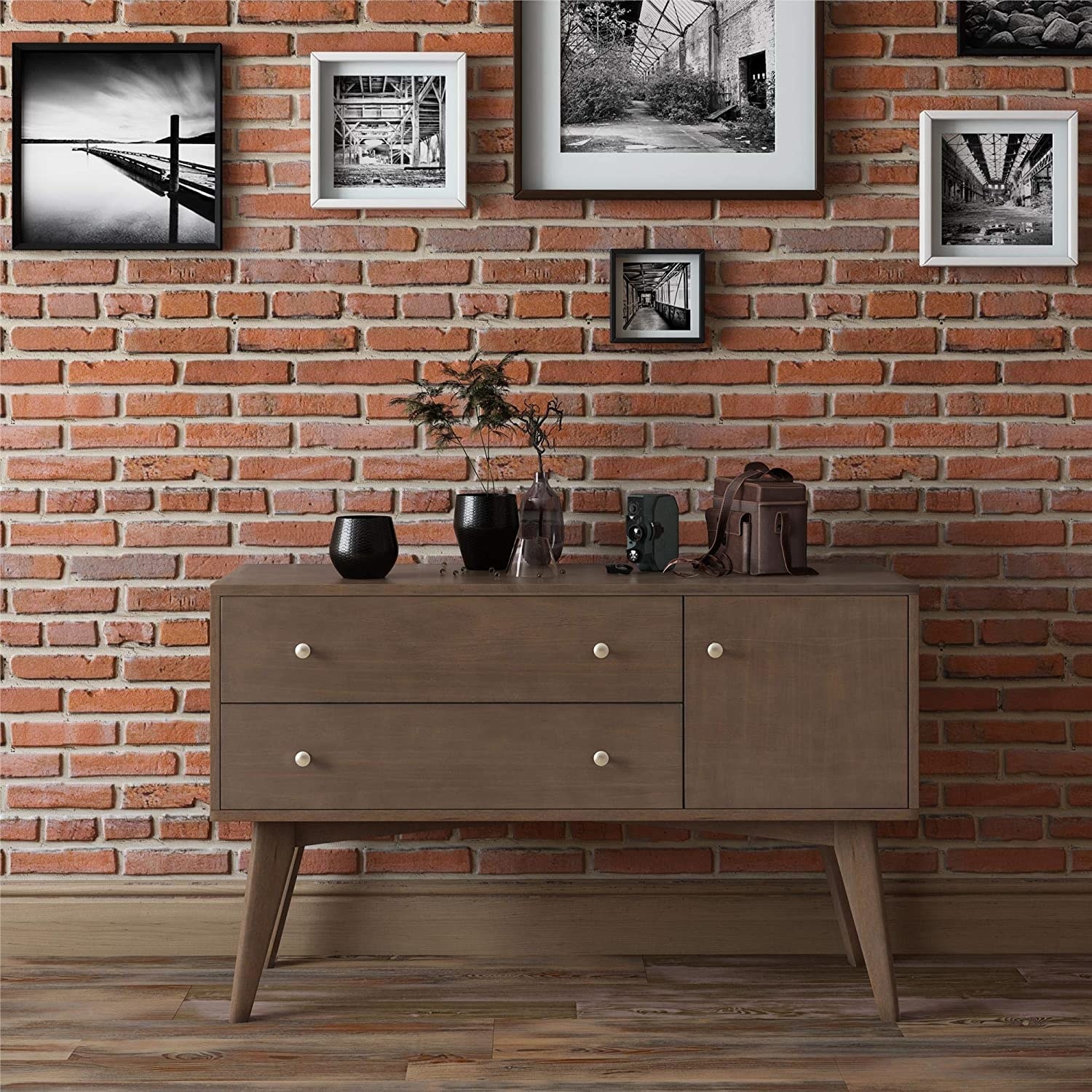 The console, which is a dark walnut and has two horizontal drawers on one side and a shelf on the other side
