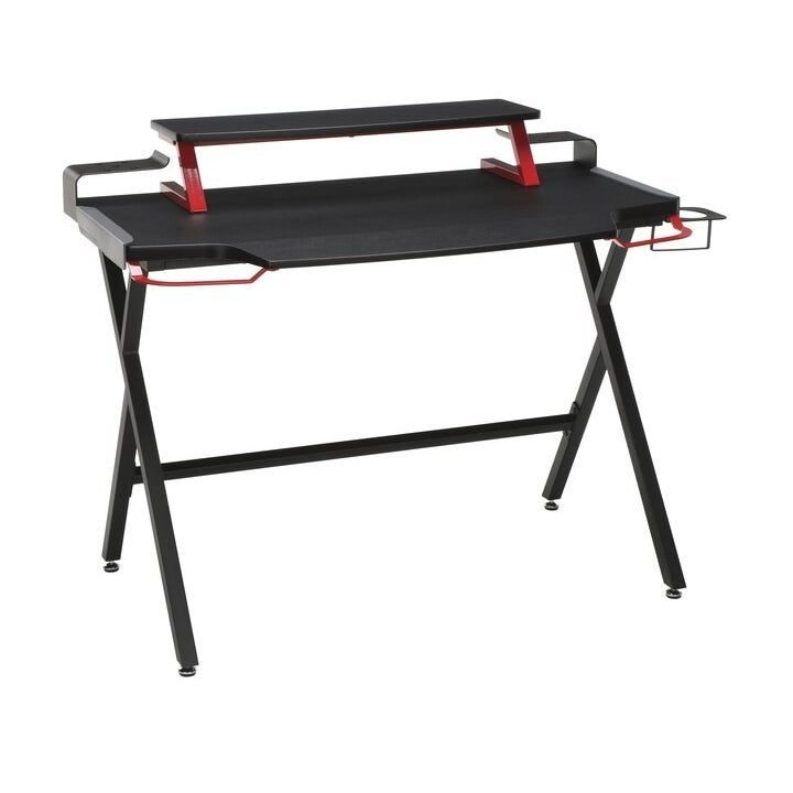 The same desk empty with red accents