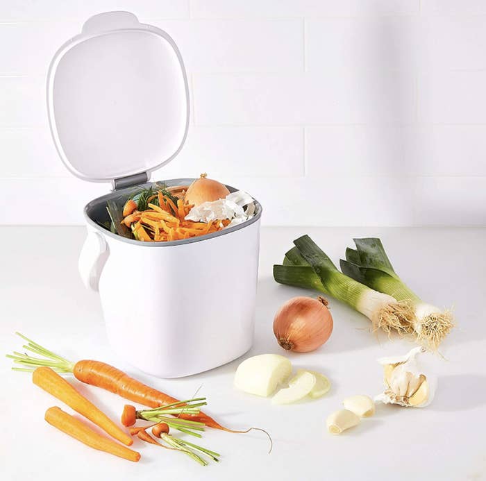 A white compost bin with veggie scraps inside