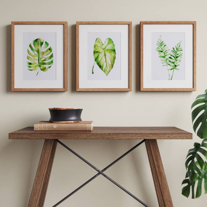 three framed prints with green leaves