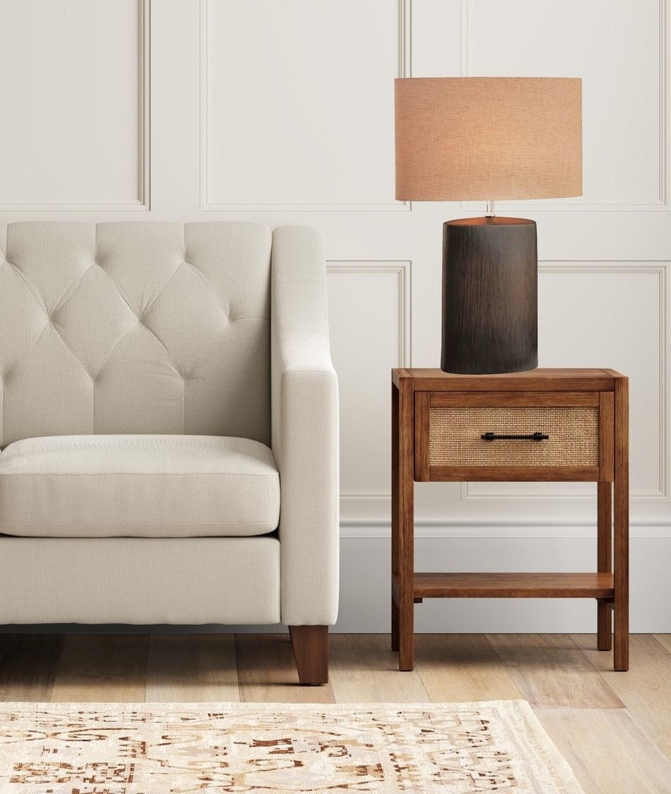 lamp with brown walnut base and light brown shade