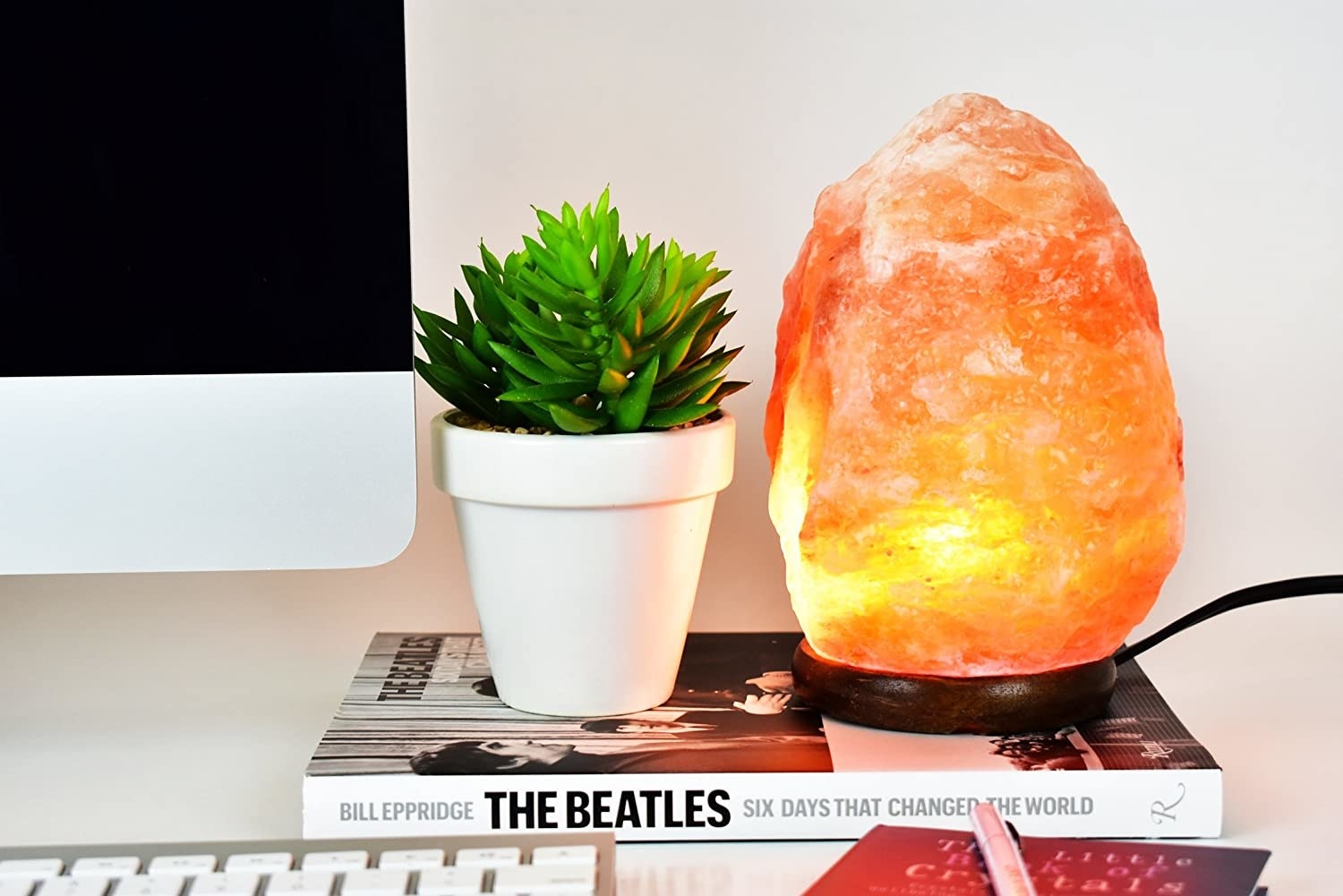 A Himalayan salt lamp is on top of a book beside a plant 