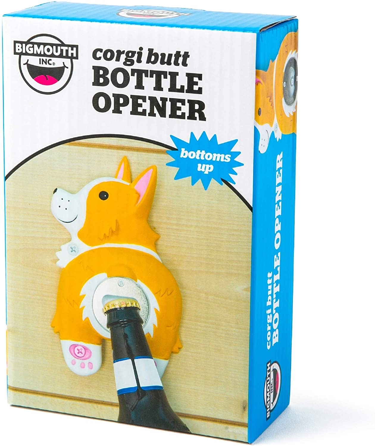 A box with a corgi on it and its butt opens beer bottles
