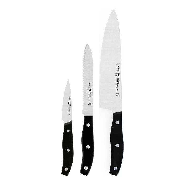 three different sized knives with black handles