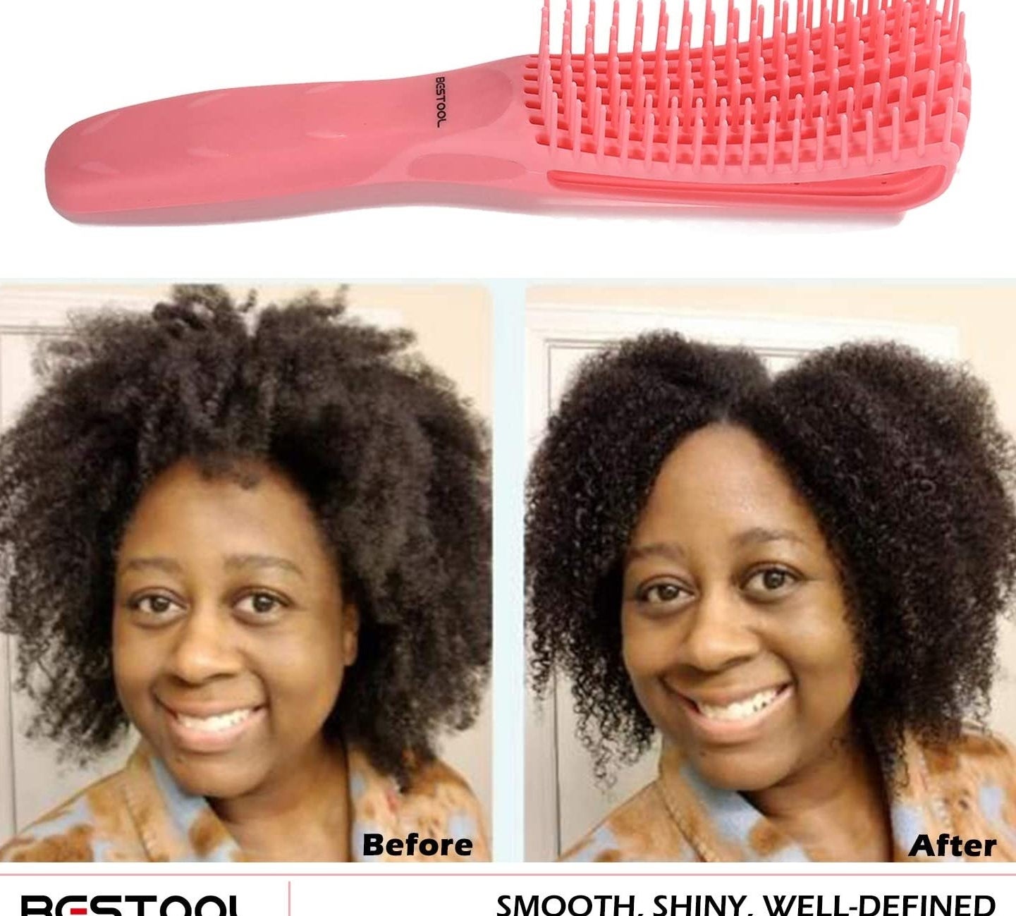 The brush and a comparison showing a person&#x27;s hair before and after using it