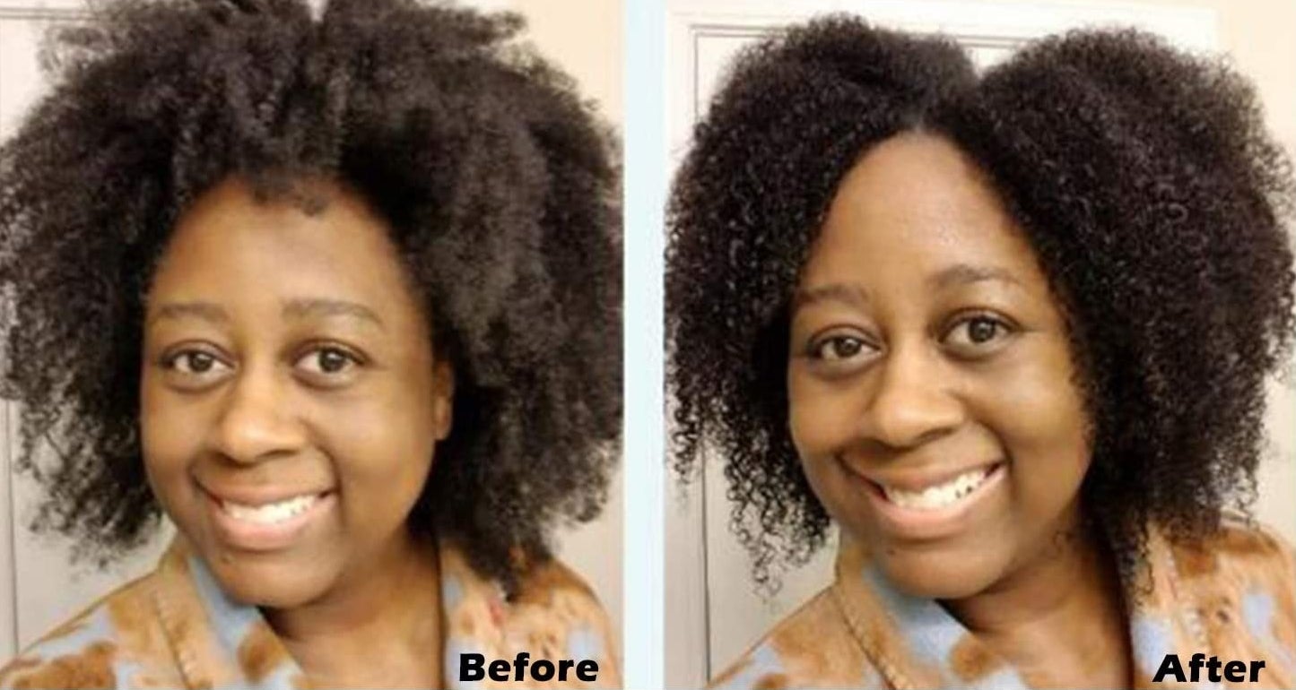 The brush and a comparison showing a person's hair before and after using it