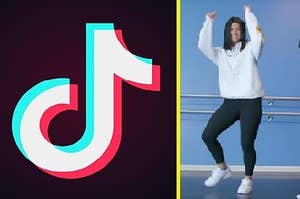 On the left, the TikTok logo and on the right, Charli D'Amelio.