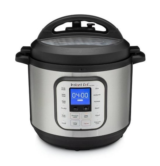 the silver Instant Pot with a black lid