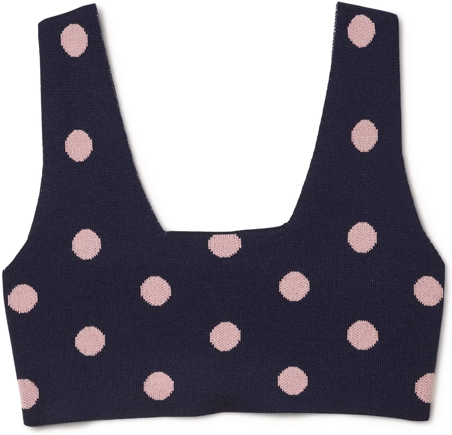The tank-top style knit bralette in navy with light pink polka dots