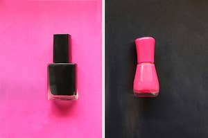 Black nail polish on a pink background and pink nail polish on a black background