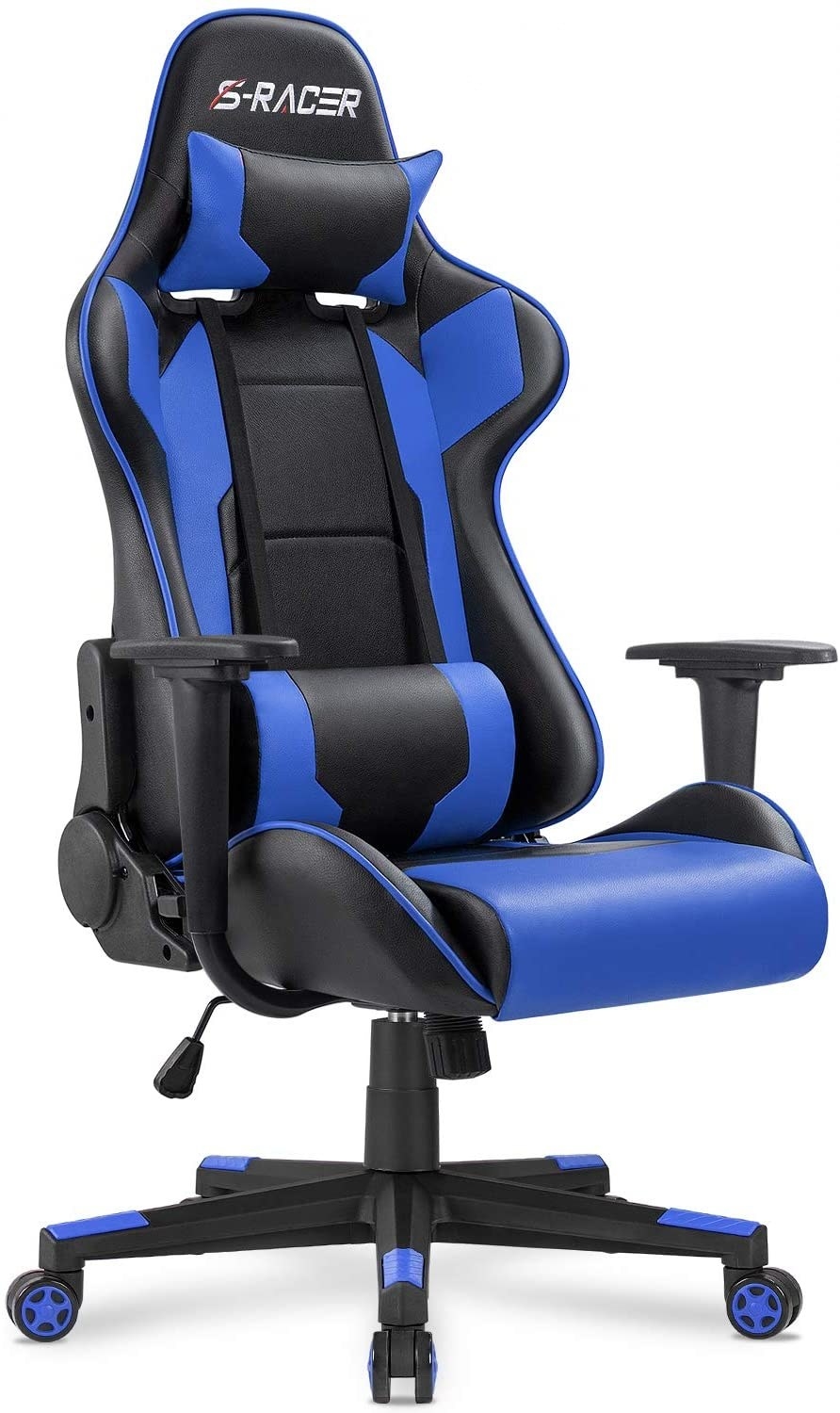 a black and royal blue rolling gaming chair with arm rests, cushions at the neck and lower back for support