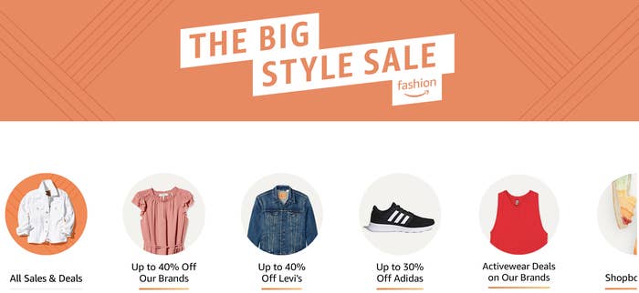 A screenshot of the Amazon sale home page showing links to Levi&#x27;s, Adidas, and Amazon brands 