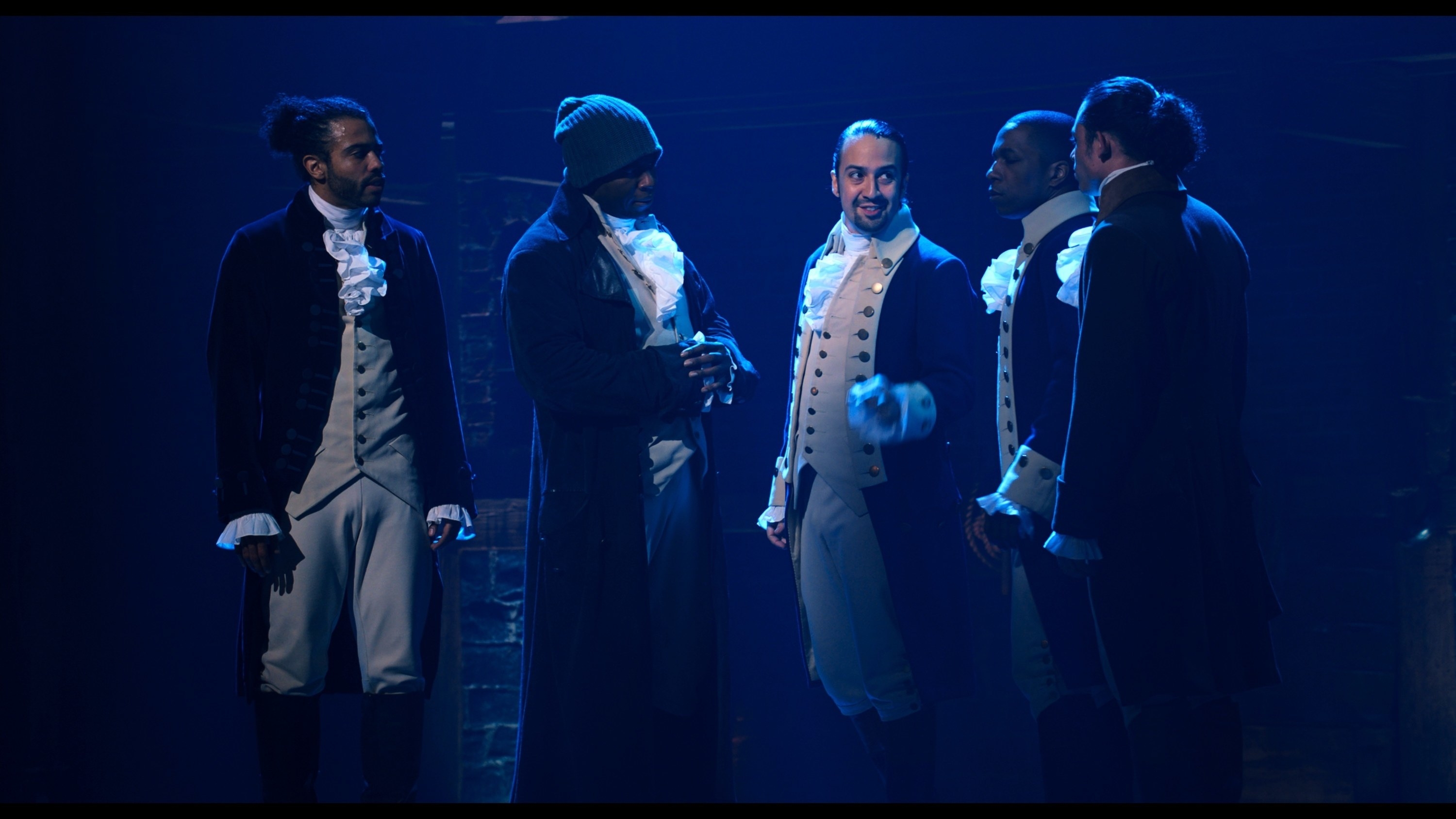 Hamilton talking to Marquis de Lafayette, Hercules Mulligan, Aaron Burr, and John Laurens in Hamilton 