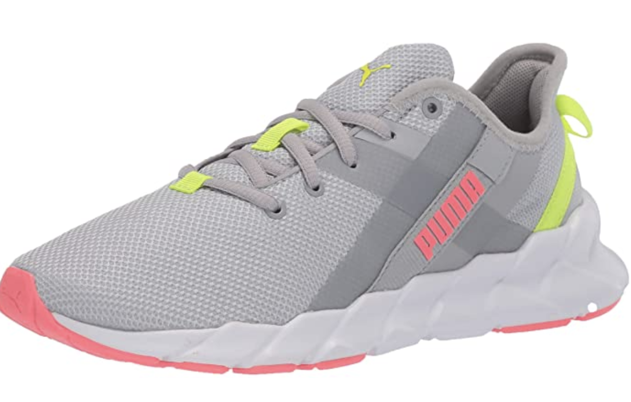 Lace up gray Puma sneakers with salmon pink and lime green accents 