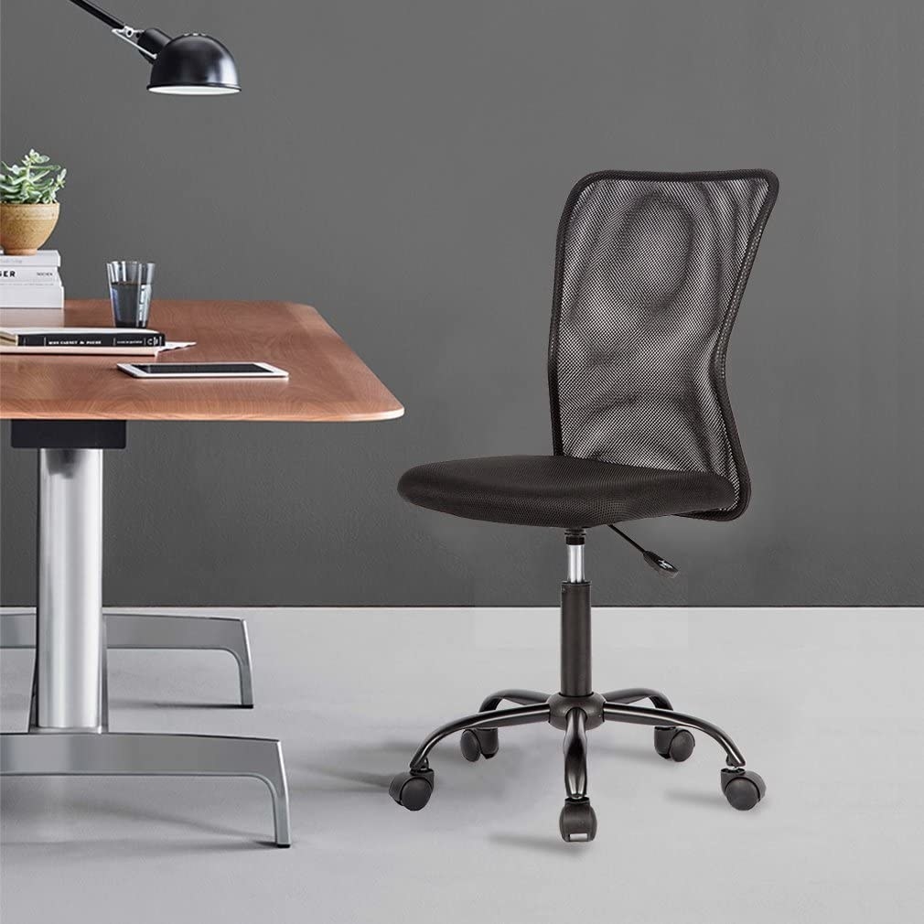 minimalist style mesh back office chair without arm rests, casters for swiveling parked at a desk