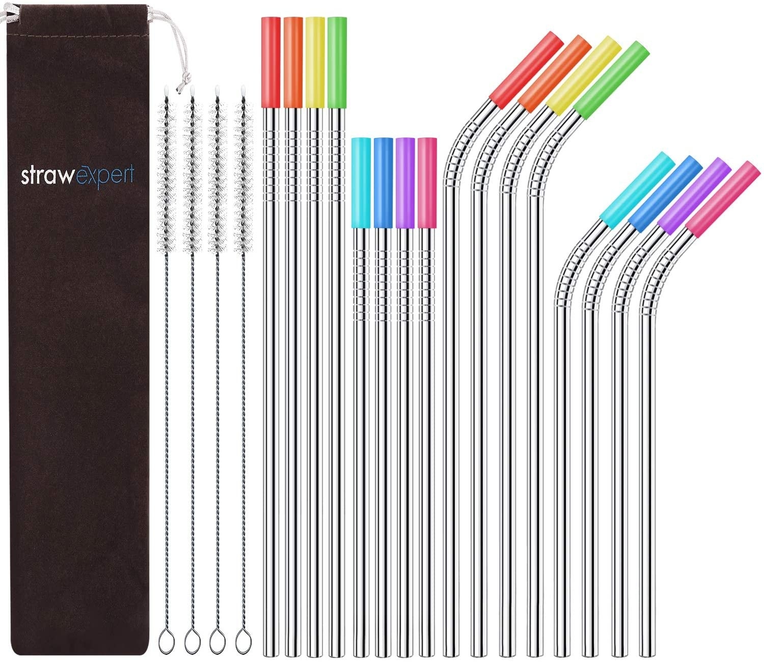 Product shot of 16 stainless steel straws with silicone tips, four cleaning brushes, and a travel case