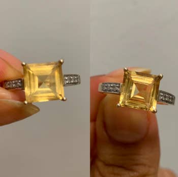 On the left, a reviewer's yellow gemstone ring looking cloudy. On the right, the same ring looking clear