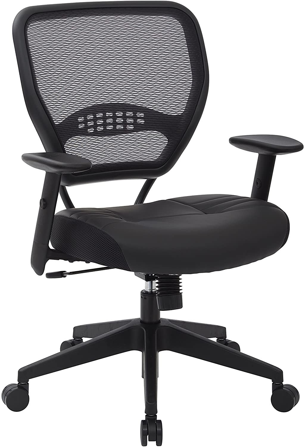 black rolling office chair with mesh back, padded arm rests, leather seat