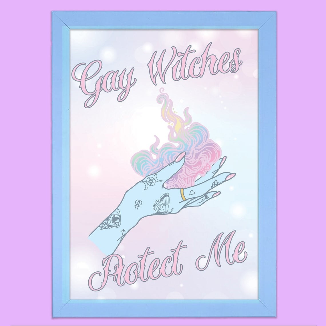 A pastel goth picture of a tattooed hand with flames coming from the palm and the words &quot;Gay Witches Protect Me&quot; around it 