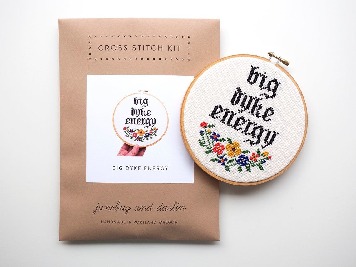 A floral cross-stitch that says &quot;Big dyke energy&quot; 