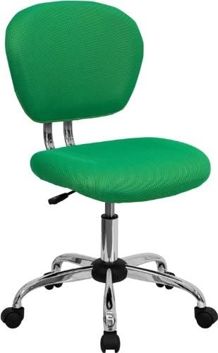 backless rolling desk chair with silver tone hardware, no arm rests, green mesh seat and back