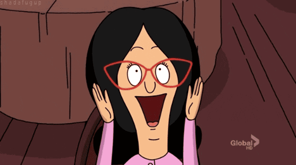 Gif of Linda Belcher from Bobs Burgers shouting with excitement 