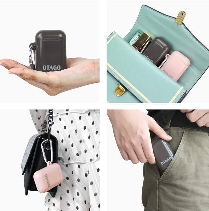 Four pictures showing how the case can fit in multiple places: pocket, clipped onto a purse or inside